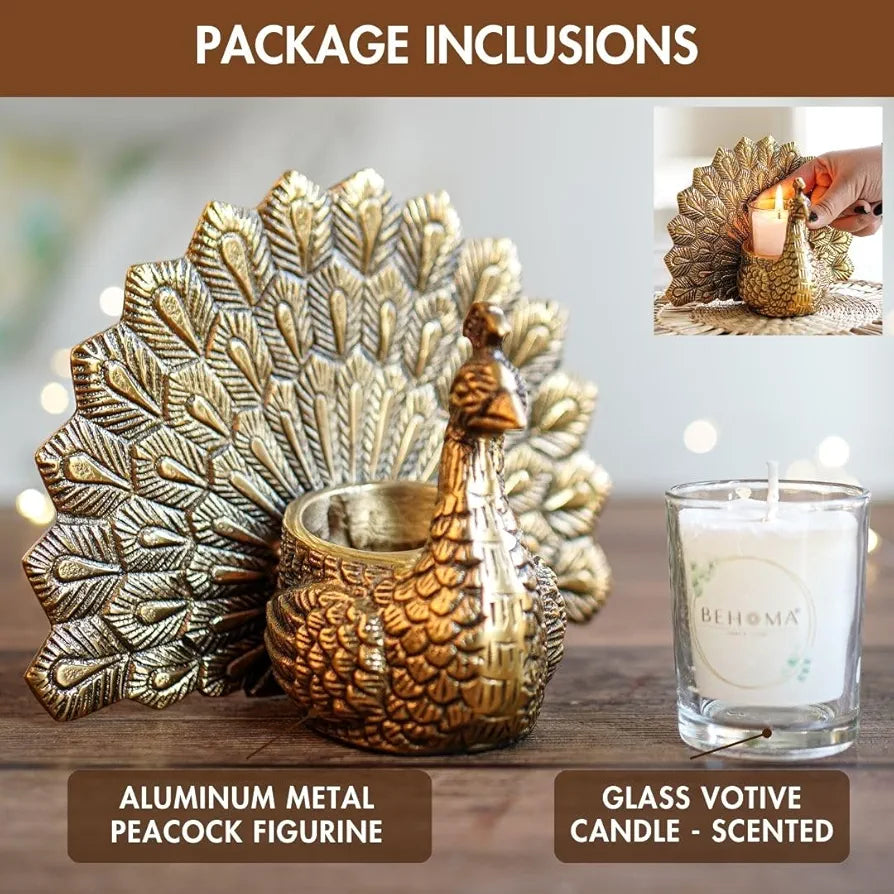 Behoma Metal Dancing Peacock Figurine for Good Luck and Love | Candle Holder for Home Dcor Tabletop Living | Showpiece for Valentine's Day, Birthday , Gold