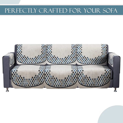 Kuber Industries Set of 16 Velvet Anti-Skid Sofa Cover 5-Seater with Arm Cover Dot Border Grey & Blue