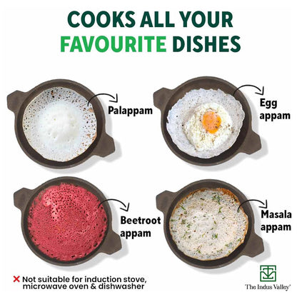 The Indus Valley Pre-seasoned Cast Iron Appam Pan With Glass Lid | Gas Compatible | Nonstick Appam Pan