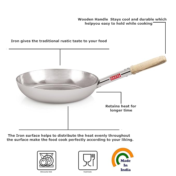 Hazel Stainless Steel Fry Pan Tapper Pan Tawa Tavi with Wooden Handle for Cooking and Frying, 31.5 cm, 2800 Ml