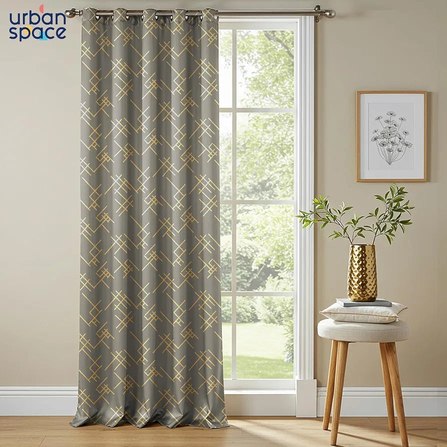 Urban Space Blackout Curtains for Living Room, Gold Foil Printed Luxurious Blackout Decorative Door Curtain Eyelet with Tieback, 1 Piece Criss Cross Ash Brown