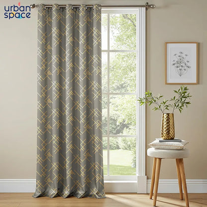 Urban Space Blackout Curtains for Living Room, Gold Foil Printed Luxurious Blackout Decorative Door Curtain Eyelet with Tieback, 1 Piece Criss Cross Ash Brown