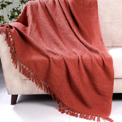 Homadorn Waffle Weave Cotton Throw Blanket Colour Rust