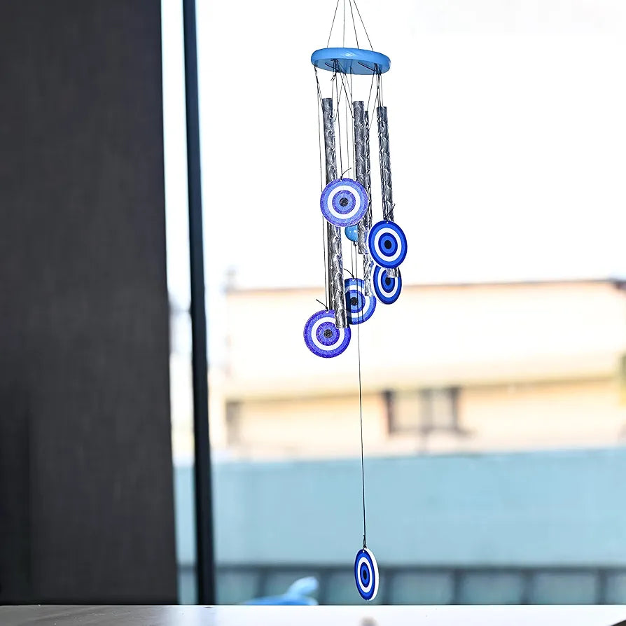 Evil Eye Wind Chimes for Home and Garden 4 Silver Pipe Wind Chime -015
