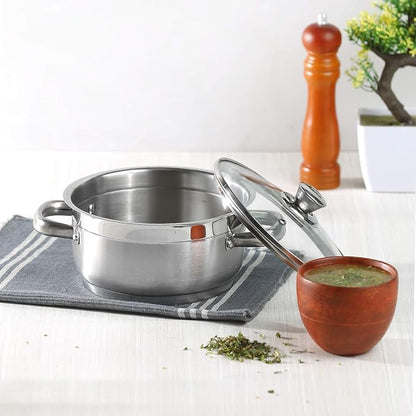 Vinod Two Tone Stainless Steel Sauce Pot/Saucepan with Glass Lid - 2.3 Litre, 18cm | 6.2mm Thick