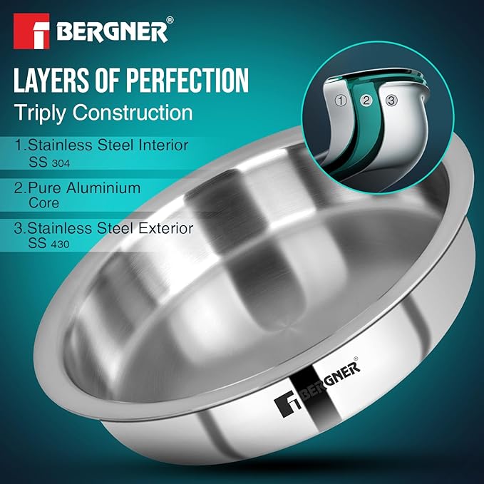 Bergner Argent Triply 24 Cm Shallow Cauldron Tope Langri | 2.6 L Capacity | Stainless Steel Lid