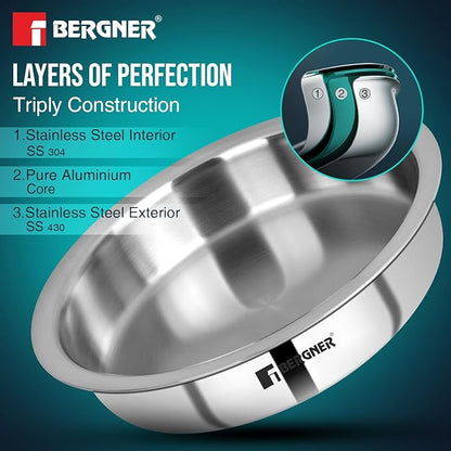 Bergner Argent Triply 24 Cm Shallow Cauldron Tope Langri | 2.6 L Capacity | Stainless Steel Lid