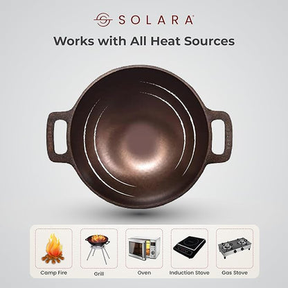 Solara Pre Seasoned Cast Iron Kadhai | 20 Cm | 1.8 Kg | Naturally Nonstick Cast Iron Kadai With Flat Handles | 1.7 Litres