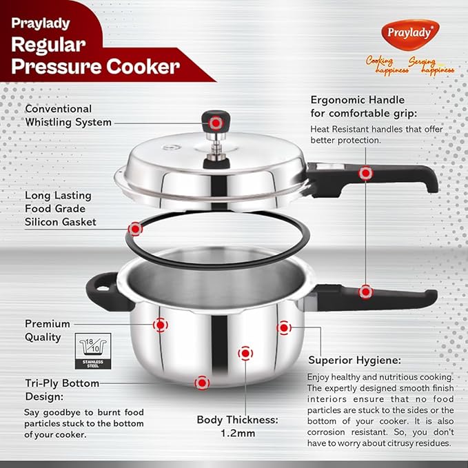 Praylady Stainless Steel Pressure Cooker with Outer Lid Induction Compatible 5 Litre Silver