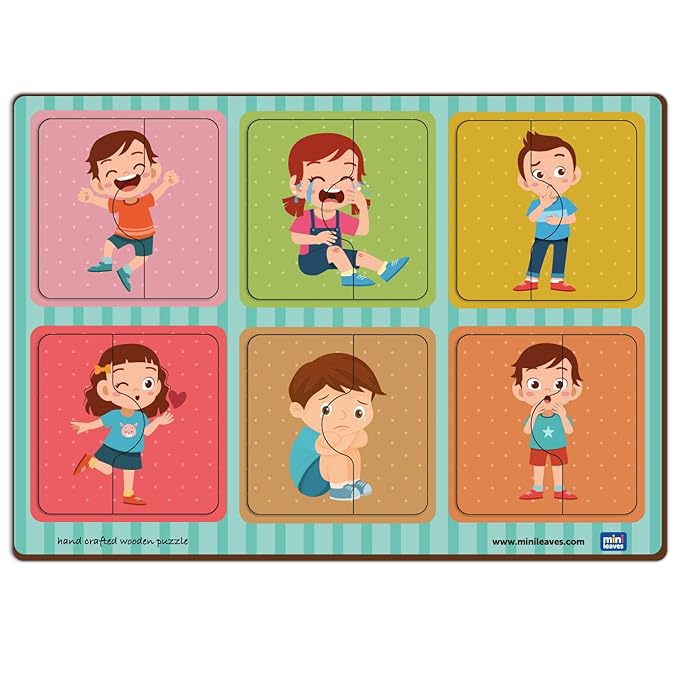 Mini Leaves 2 Pieces Wooden Puzzle for Kids | Emotions Jigsaw Puzzle | Set of 6 | Educational Toys for 2-year-old and Above