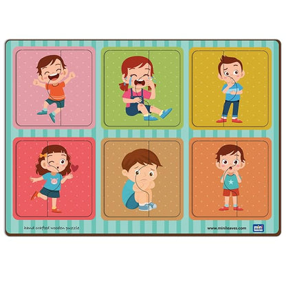 Mini Leaves 2 Pieces Wooden Puzzle for Kids | Emotions Jigsaw Puzzle | Set of 6 | Educational Toys for 2-year-old and Above