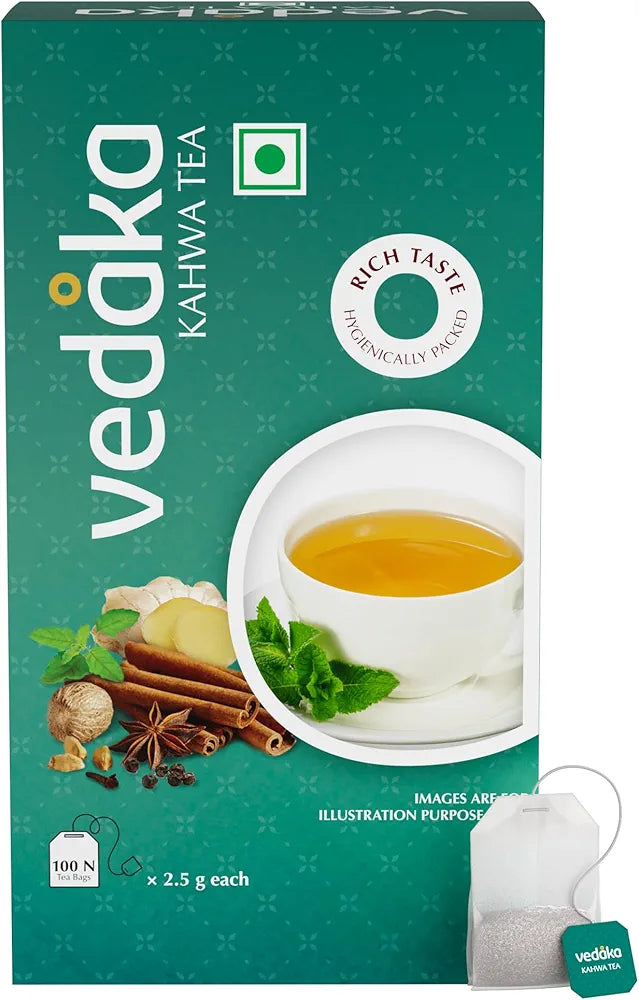 Vedaka Detoxifying Kahwa Tea | 100 teabags | Contains Salt, Ginger, Tulsi, Cinnamon, Black Pepper, Cloves, Nutmeg, Asafoetida & Cardamom Seed | Natural Body Cleanser