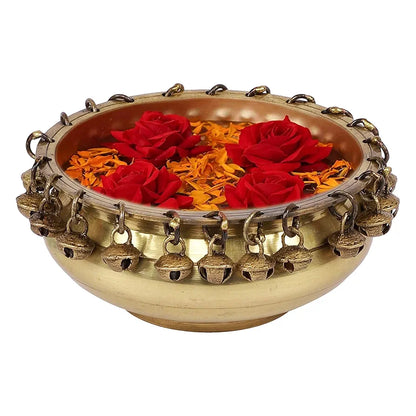 Two Moustaches Ethnic Traditional 6 Inches Brass Urli Bowl with Bells