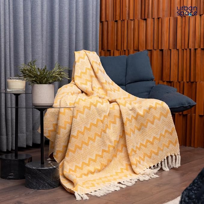 Urban Space Handmade Pure Cotton Sofa Throw Blanket Soft Decorative Throw for Living Room Colour Geometric Yellow