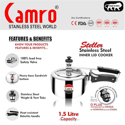 Camro Steel Pressure Cooker Steller 1.5 Liters Inner Lid Induction and Gas Stove Friendly