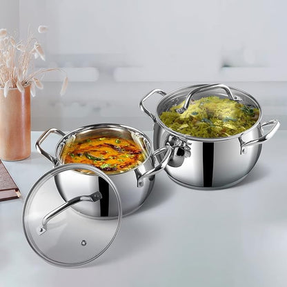 Vinod Almaty Stainless Steel Casserole with Glass Lid 2.9 Litre, 18 cm | 2.6mm Thick Base