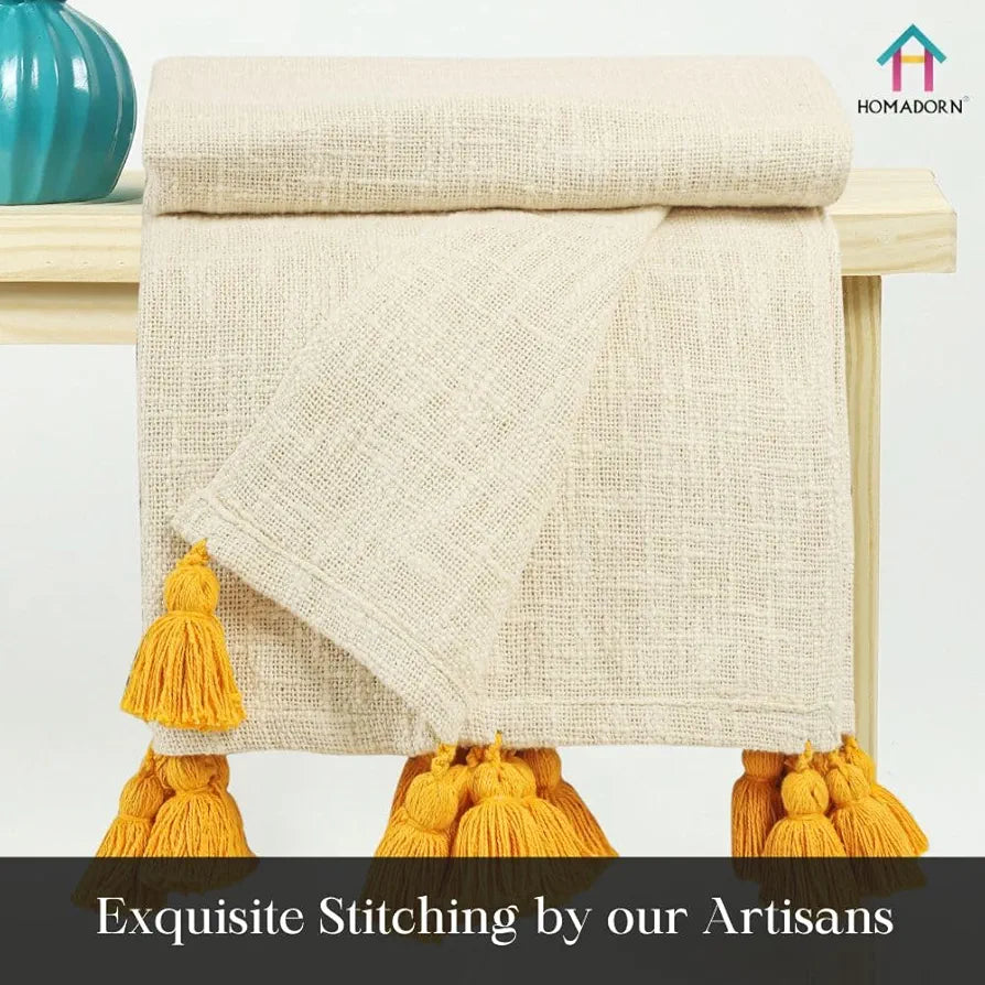 Homadorn 100% Cotton Off White Throw 300 TC Blanket with Handmade Colorful Tassel Colour Mustard