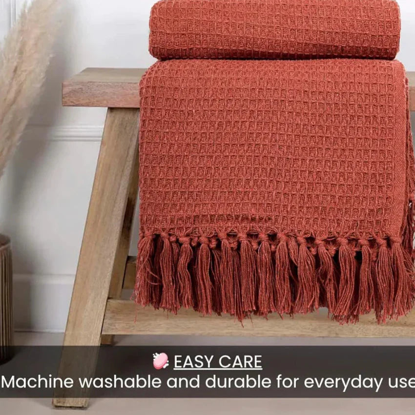 Homadorn Waffle Weave Cotton Throw Blanket Colour Rust