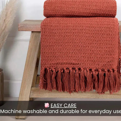 Homadorn Waffle Weave Cotton Throw Blanket Colour Rust