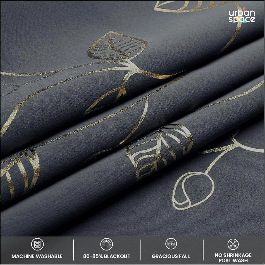 Urban Space Blackout Curtains for Living Room, Gold Foil Printed Luxurious Blackout Decorative Curtains Eyelet with Tieback, 1 Piece, Leaf Grey