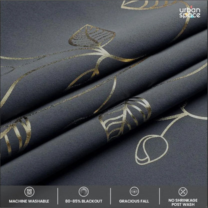 Urban Space Blackout Curtains for Living Room, Gold Foil Printed Luxurious Blackout Decorative Curtains Eyelet with Tieback, 1 Piece, Leaf Grey