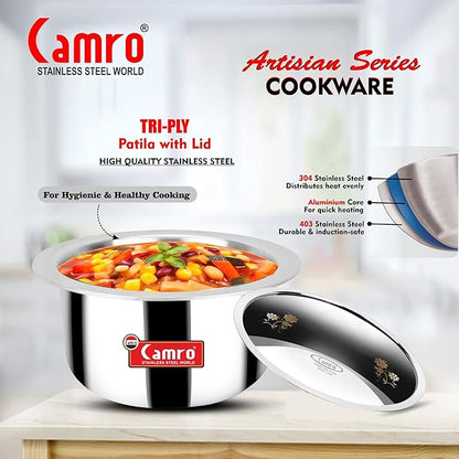 Camro Tripro Triply Artisian Tope with lid 11 No 1.4 Liters Capacity Cauldron Tope Handi