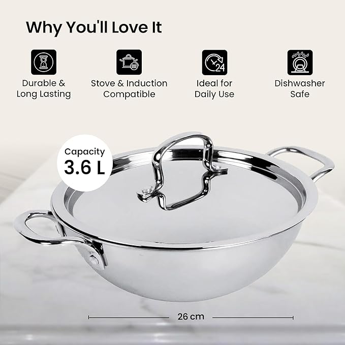 Savya Home Triply Stainless Steel Kadai With Lid 26 Cm Diameter 3.6 L Capacity