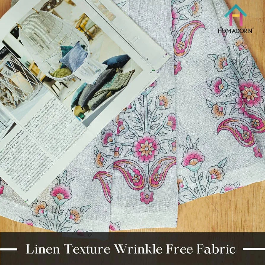 Homadorn Linen Sheer Printed Semi Transparent Curtains for Window Set of 2 Fuchsia fusion
