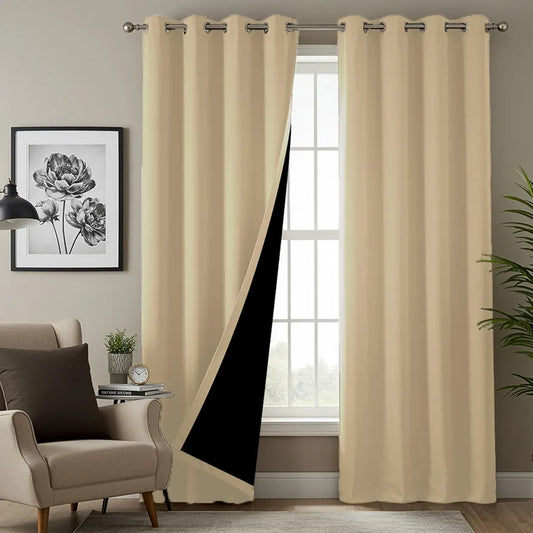 Urban Space Blackout Curtains for Window 5 Feet Set of 2, Thermal Insulated Curtains with Eyelets and Tiebacks, Solid Curtain Soft Beige Colour
