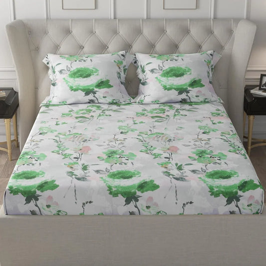 Cloth Fusion Glace Cotton Elastic Fitted Bedsheet for Double Bed King Size with 2 Pillow Covers Garden Mist