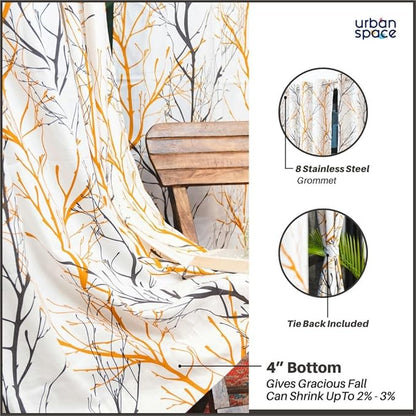 Urban Space Cotton Curtains for Door Set of 2 with Eyelets and tieback (Colou Branch Yellow)