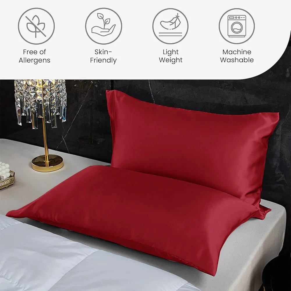 Cloth Fusion Satin Pillow Cover Set of 2 for Pillow Case with 3 Satin Soft Scrunchies for Women Crimson Red