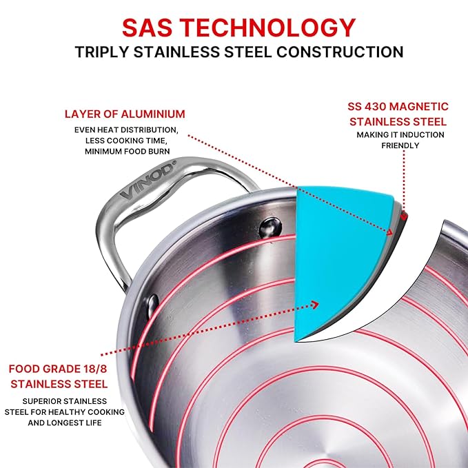 Vinod Platinum Triply Stainless Steel Extra Deep Kadhai With Lid 1.2 Litre | 18 Cm | 2.5mm Thick | Kadai for Cooking