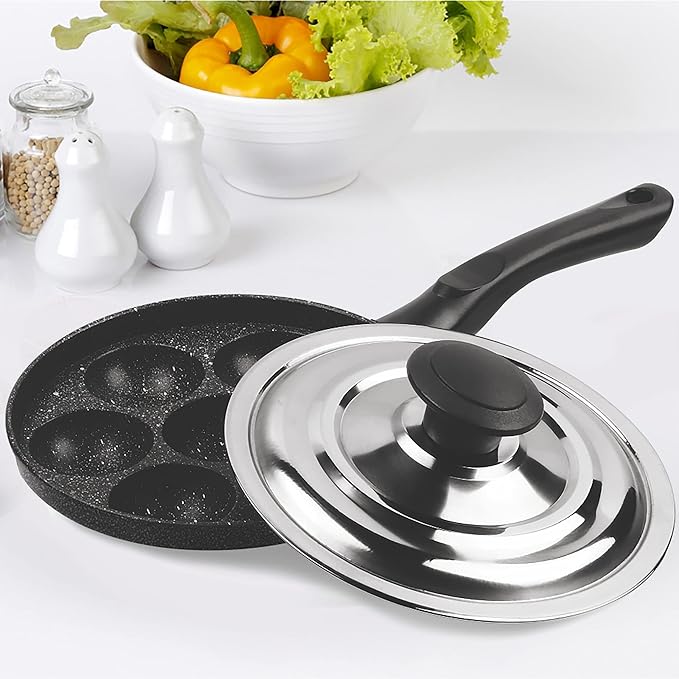 Milton Pro Cook Appam Patra with Stainless Steel Lid, Non-Stick Heavy Duty Aluminium, 7 Cavity, 12.8 Inch - 460 gms