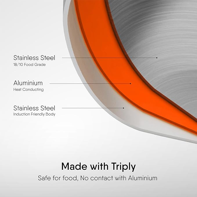 Stahl Artisan Triply Stainless Steel Tasla With Lid | Kadhai Without Handle | Induction & Gas Stove Compatible | 1.2 L | 18 Cm