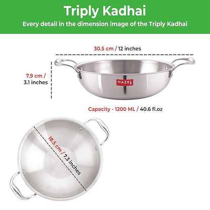 Hazel Triply Kadai with Lid for Cooking 1.2 litres Triply Kadai Steel Induction Bottom