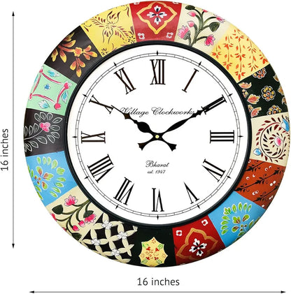RoyalsCart Handmade Wooden Analog Wall Clock Ethnic Multicolour Hand Painted Clock Size - 16 inches [KTWC186] Elegant Painting
