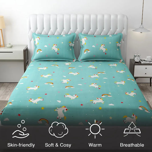 Fresh From Loom 300 TC Wrinkle Free Glace Cotton Elastic Fitted Floral Bedsheet for Kids Unicorn Multicolor Double Bed Teal