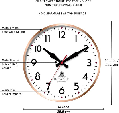Harris & Co. Clockmasters Rosegold Metal Frame Silent Sweep Noiseless Technology Analog Wall Clock  Model - Coventry Street