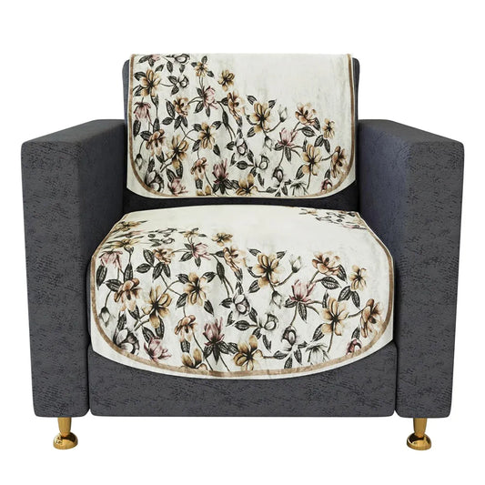Kuber Industries Velvet Sofa Cover Set 5 Seater Couch Slipcover With Side Flower Design for Living Room Cream