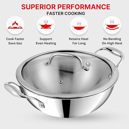 Vinod Platinum Triply Stainless Steel Extra Deep Kadai with Glass Lid 3.2 Litre (24 cm) | 2.5mm Thick | Kadai for Cooking