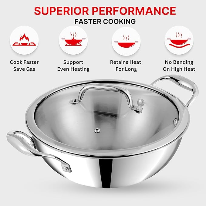 Vinod Platinum Triply Stainless Steel Extra Deep Kadai with Glass Lid 5.5 Litre (30 cm) | 2.5mm Thick | Kadai for Cooking