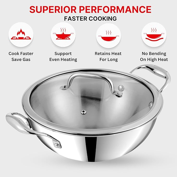 Vinod Platinum Triply Stainless Steel Extra Deep Kadai with Glass Lid 1.8 Litre (20 cm) | 2.5mm Thick | Kadai for Cooking