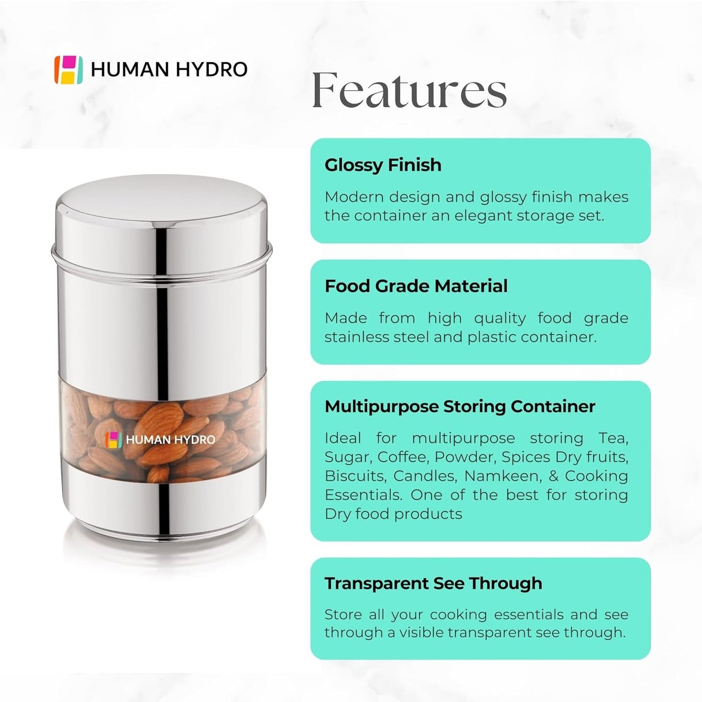 Human Hydro Stainless Steel Storage Containers Set of 5 (500ml Each)