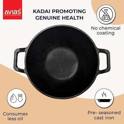 Avias Cast Iron Kadai for Deep Frying 24cm Kadhai Used for Cooking & Stir Fry