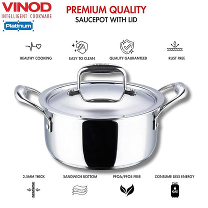 Vinod Platinum Triply Stainless Steel Saucepot with Lid - 5 Litre, 24 cm | 2.5mm Thick | SAS Bottom | Biryani Pot