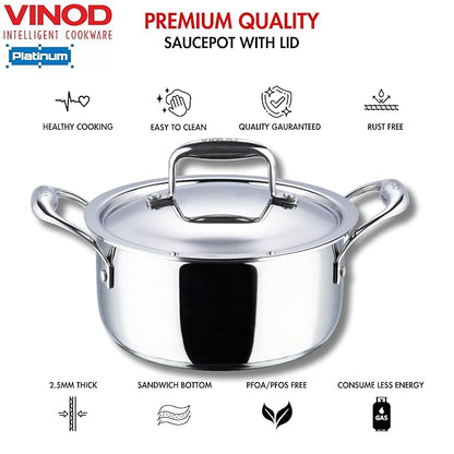 Vinod Platinum Triply Stainless Steel Saucepot With Lid | 3 Litres | 20 Cm | 2.5mm Thick