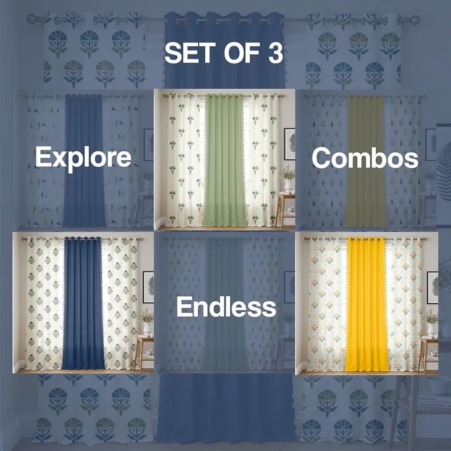 Urban Space Cotton Curtains for Door Combo Set of 3 Curtains Room Darkening Curtain for Home Decor Owl Orchid Blue & Aura Indigo