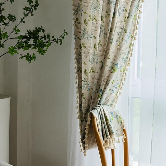 Huesland Cotton Curtains for Windows, 5 Feet Long 1 Bohemian Eyelet Curtain | Green Leaf Floral