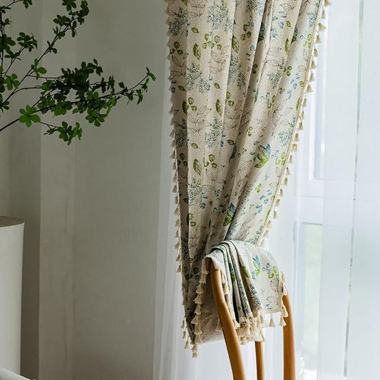 Huesland Cotton Curtains for Door, 7 Feet Long 1 Bohemian Eyelet Curtain | Green Leaf Floral